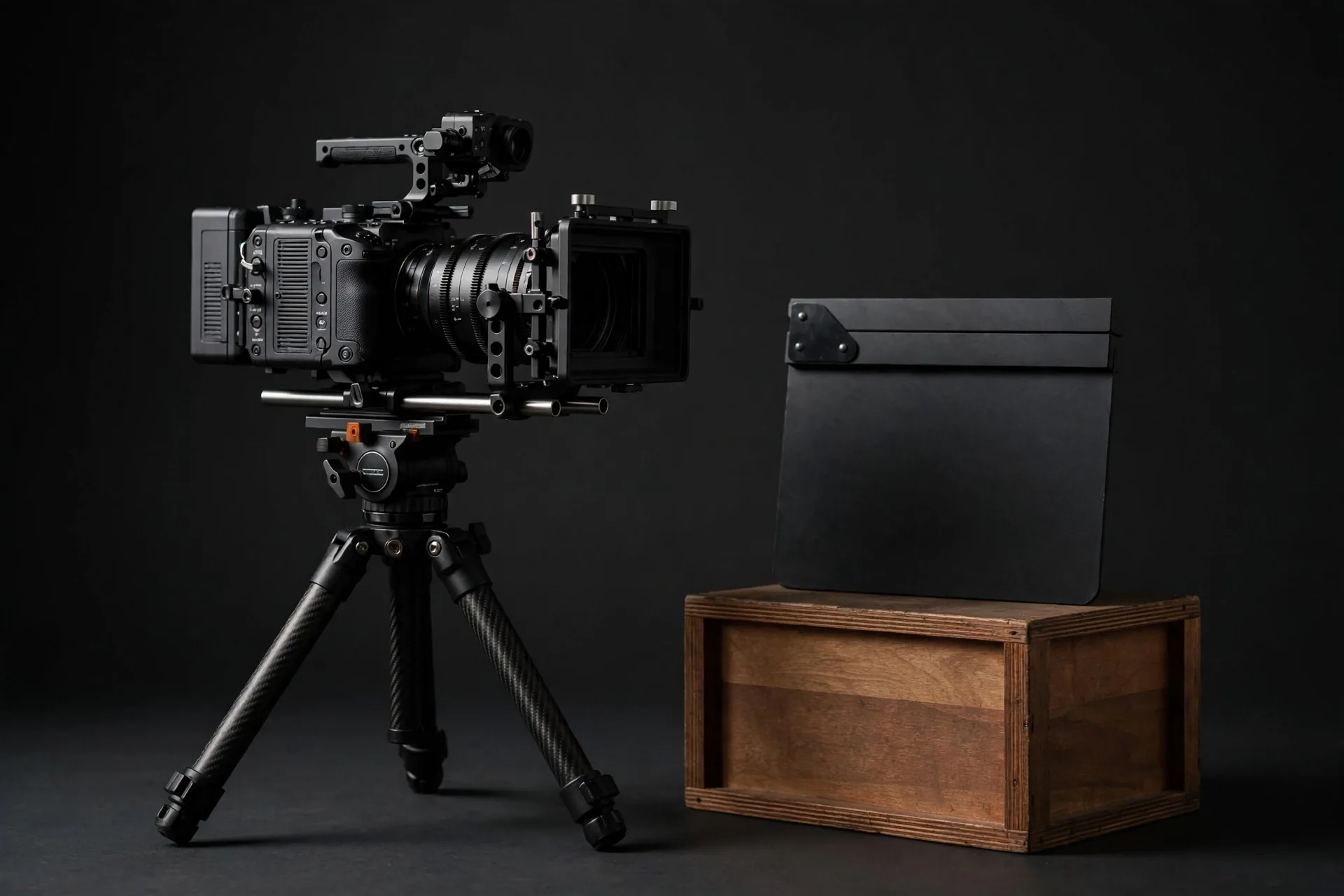 A cinema camera and a clapperboard
