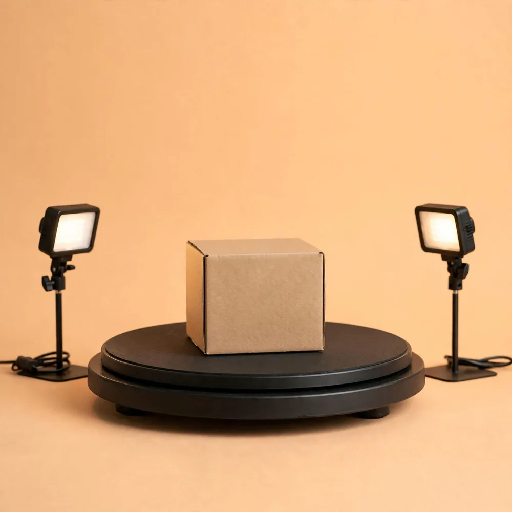 A product box on a turntable